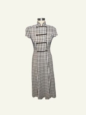 Mandarin collar Short-Sleeve Midi Dress in Brown and White